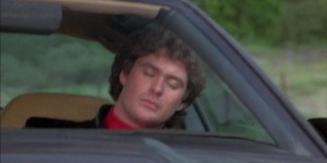 Michael Knight asleep at the wheel of his autonomous car