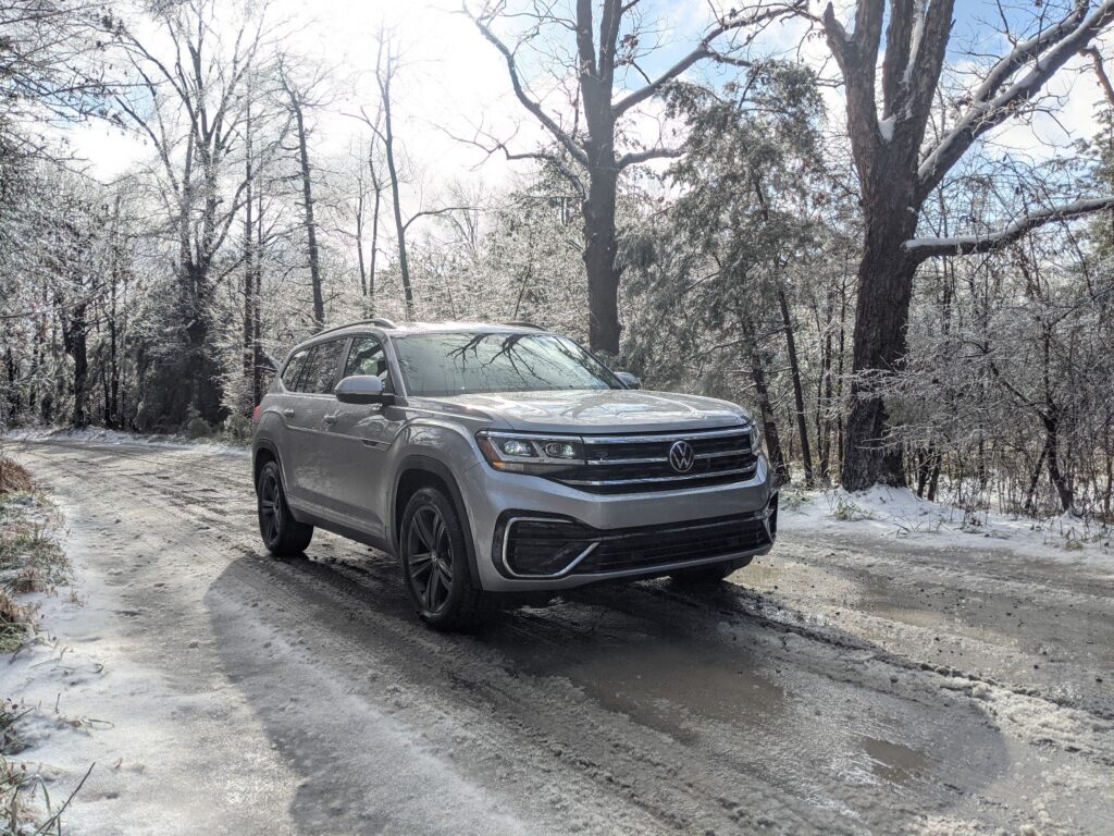 2021 VW Atlas SE R-Line on snowy backroad