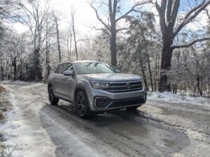 2021 VW Atlas SE R-Line on snowy backroad